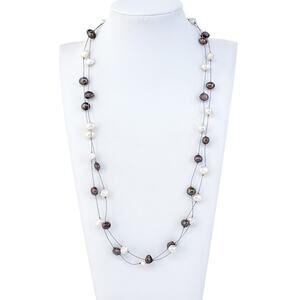 Estate Sterling Silver 925 | Brown and White Pearl Wire Station Necklace | 47"